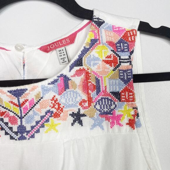 Joules Womens US 4 White Embroidered Sleeveless Shift Dress Cotton Linen Keyhole - Picture 4 of 11